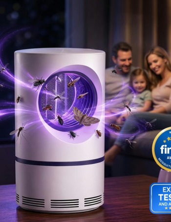 ZapiTrap mosquito lamp glowing purple in a family living room